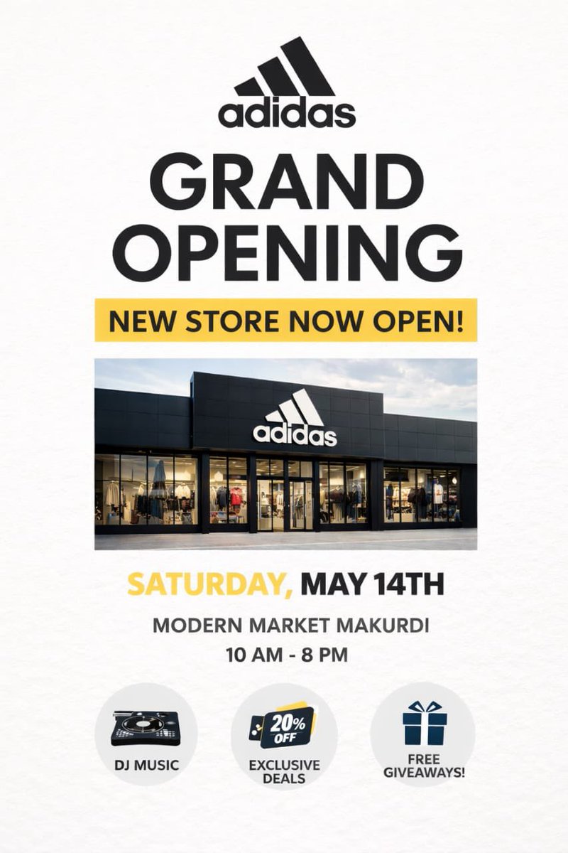 EliteFelicity's tweet photo. Day 9/30 — 30 Days Design Challenge with Felicity 💪🏾🔥
Task: Adidas Store Opening Flyer (Inspired by Adidas)

Today’s design focuses on attention and clarity. A good store opening flyer should quickly announce, attract, and inform. Using bold typography, clean layout. https://t.co/TN3i2Rx84x
