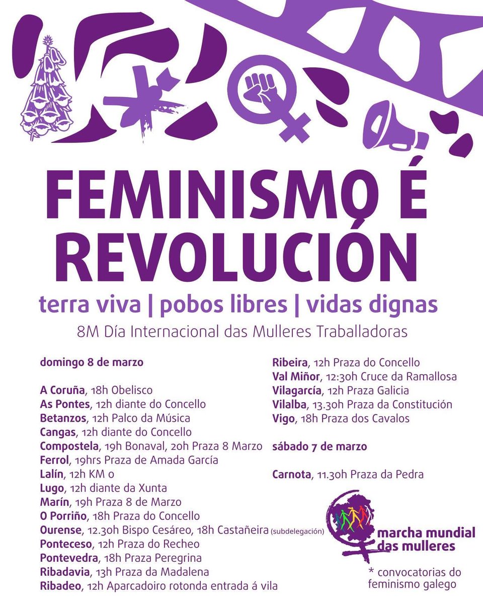 ACBoveda's tweet photo. ♀️ Feminismo é revolución. Non falamos só de igualdade: falamos de transformar o mundo. 

Un mundo con terra viva,
con pobos libres,
con vidas dignas para todas.

✊ O feminismo é revolución.

Desde o asociacionismo cultural co #8M #FeminismoÉRevolución mañá ás 18h no Obelisco. https://t.co/l67aZuWRh0