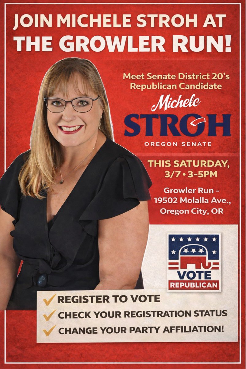 pederson_angela's tweet photo. I'll be with Senate Candidate Michele Stroh at a local business that allowed her to collect the referendum signatures TODAY encouraging people to register with the Republican Party to #BringBackBalance!
We'll have these two graphics on display.
Maybe you have a local candidate that will join you in compelling more Oregonians to Register & Vote Republican.
Let's Do This!!! ♥️🗳️🙌🏽