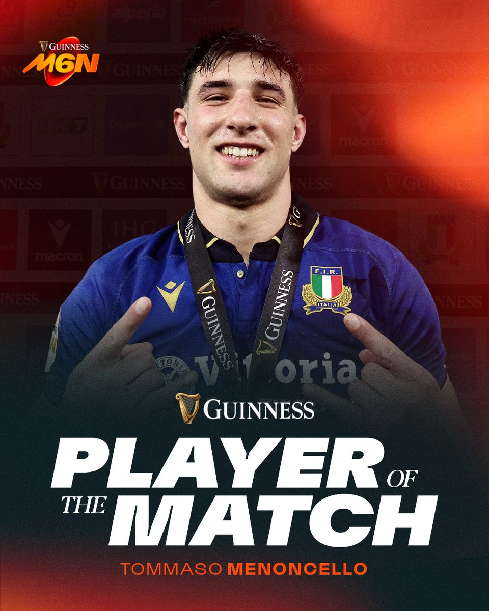 SixNationsRugby's tweet image. 🏅 Today's #Guinness Player of the Match, Italy's Tommaso Menoncello 🤩

#GuinnessM6N #Since1883