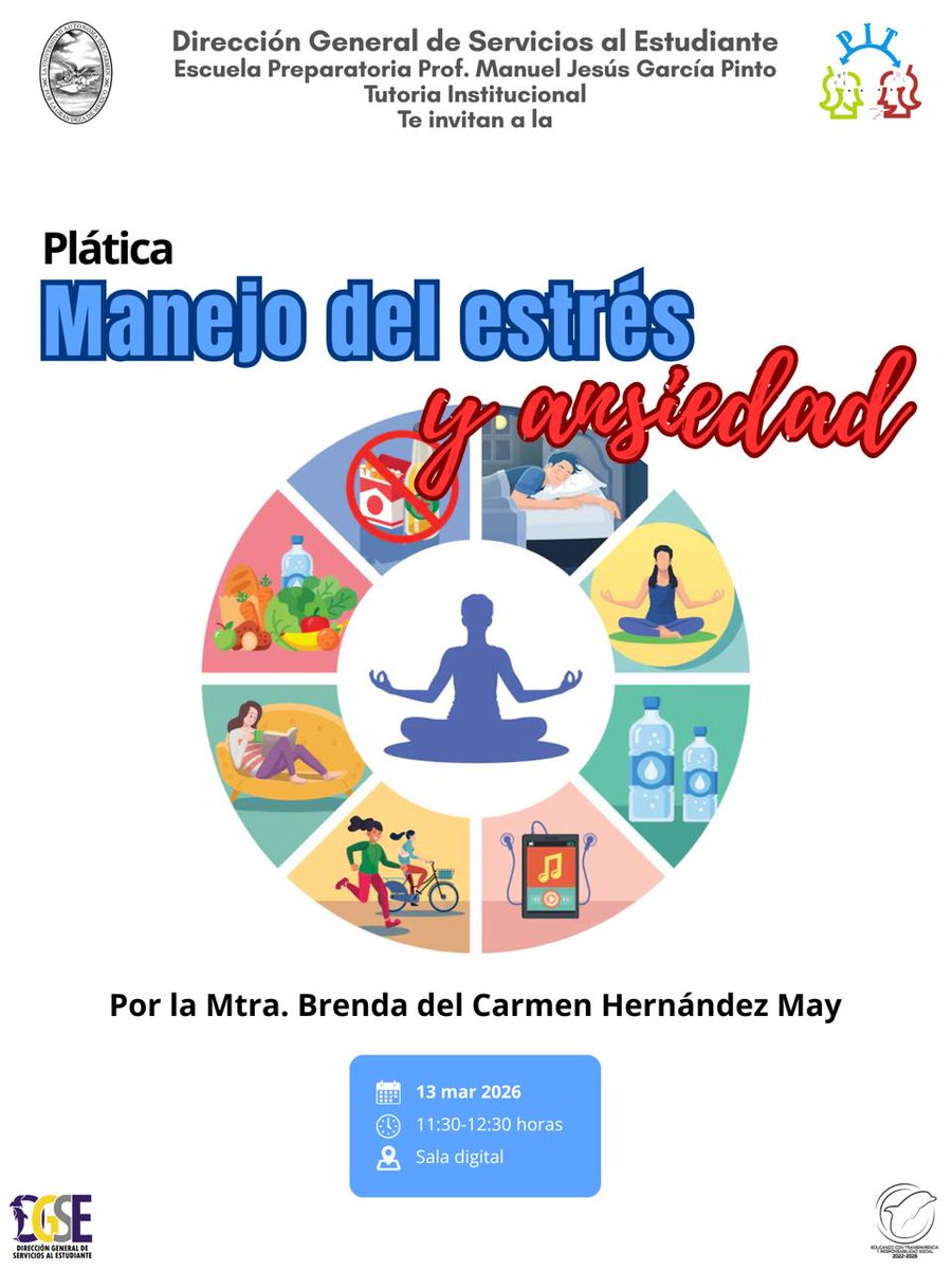 UNACAR's tweet image. 📢 La Dirección General de Servicios al Estudiante, Tutoría Institucional y la Escuela Preparatoria Prof. Manuel J. García Pinto, invitan a la plática "Manejo del estrés y ansiedad" impartida por la Mtra. Brenda del Carmen Hernández May

📅 13 de marzo, 2026
⏰ 11:30 a 12:30