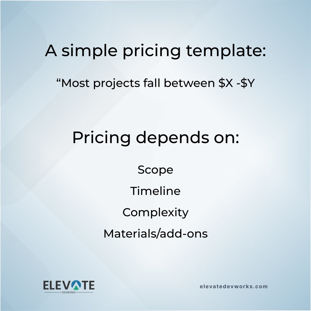elevatedevworks's tweet photo. Pricing clarity reduces hesitation.

Even a simple range + what affects cost is better than silence.

Do you prefer ranges upfront or quote-first? https://t.co/Mju9zCy3CE