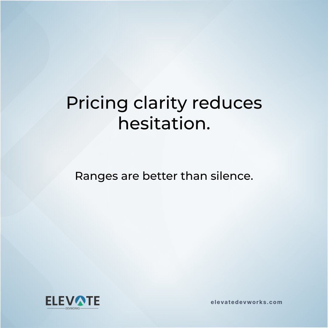 elevatedevworks's tweet photo. Pricing clarity reduces hesitation.

Even a simple range + what affects cost is better than silence.

Do you prefer ranges upfront or quote-first? https://t.co/Mju9zCy3CE
