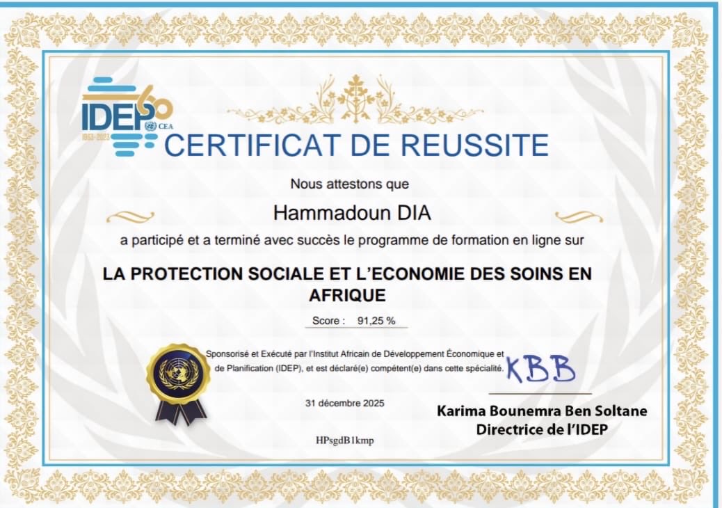 Un pas de + vers l’impact social en Afrique !
J’ai le plaisir d’annoncer l’obtention de moncertificat_du_programme_de_formation_sur_la_protection_sociale_et_l’économie_des_soins_en_Afrique, délivré par l’Institut Africain de Développement Économique et de Planification IDEP-CEA)