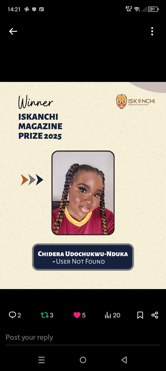 Official announcement!!! 🎉🎊🏆🎈💥
Ladies and gentlemen, Chidera Udochukwu-Nduka, Winner 2025 Iskanchi Magazine Prize..
This is so surreal, thanks to God Almighty for the inspiration to write and share this story. 
I am beyond grateful.