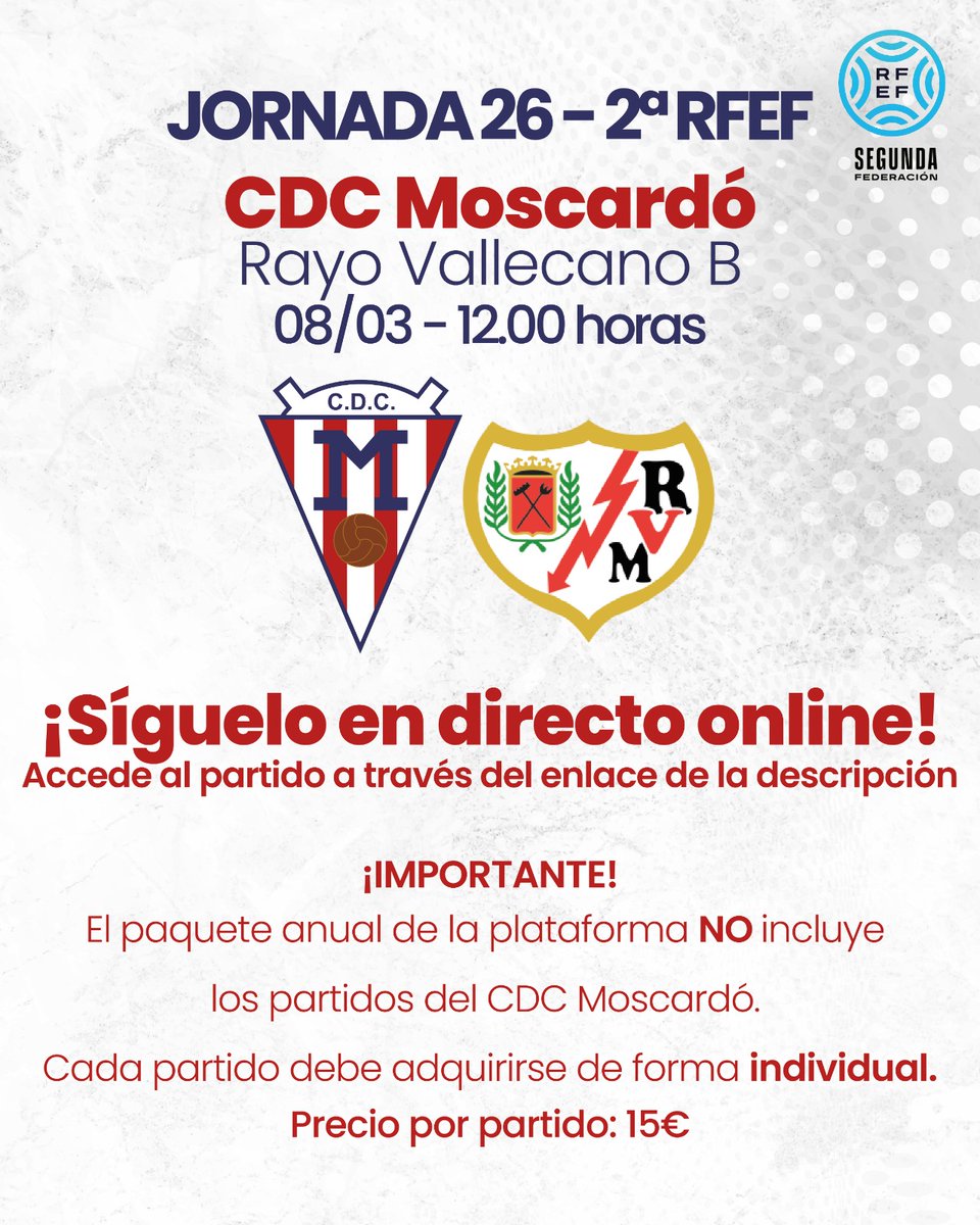 🎥 ¡Sigue en directo el CDC Moscardó 🆚 <a href="/Rayo_academia/">Rayo Vallecano Academia</a> !
🔗tinyurl.com/az4h7dfv
🏆 Jornada 26 | 2ª RFEF
📅 Domingo 8 de marzo – 12:00 h

#elbarrioelegido❤️🤍