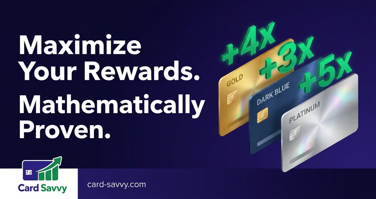 card_savvy_app's tweet photo. Stop guessing which card to swipe. ๐ณโจ
Weโve done the math so you donโt have to.
Maximize your points with our mathematically proven strategies and hit those 3x, 4x, and 5x multipliers every single time.
#CreditCardRewards #PointsAndMiles #TravelHacking #PersonalFinance https://t.co/Yut9iF1QAs
