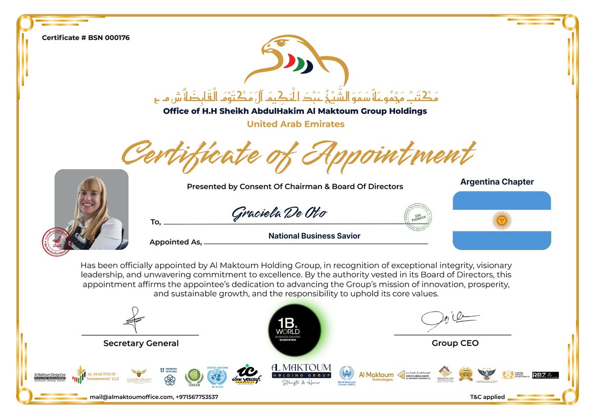 1BWorlds's tweet photo. Welcome Ms. Graciela De Oto as 1B. National Business Savior  – Argentina Chapter!

Recognized among 100 Global Pioneers, they drive innovation, leadership &amp; international impact.

#1BWorld #BusinessSavior #100Pioneers #LeadershipExcellence https://t.co/glTANO24Uh