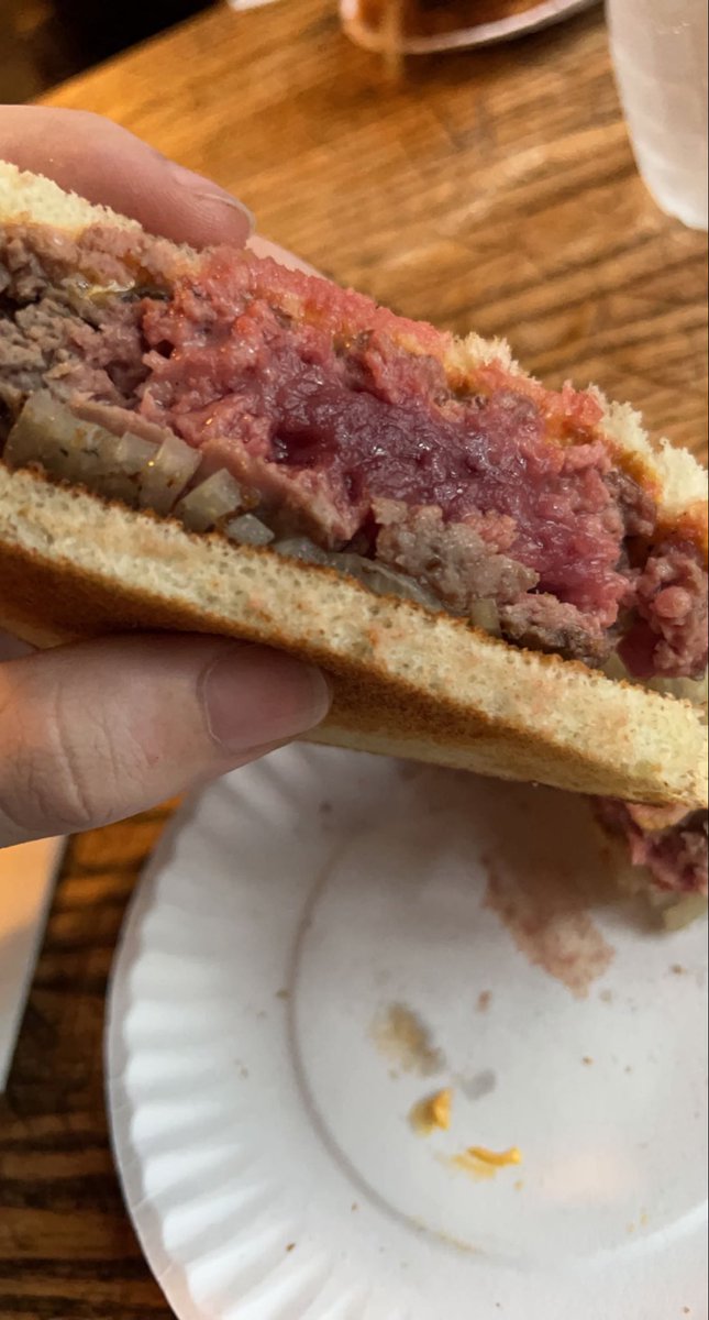 UsedGucciFlops's tweet photo. @CherokeeOwl My mother wanted me to go there cause she heard this claim. Not only can you not customize the food at all but they served me this monstrosity to me and my mother. We just left. This was 2021. Burger on toast, raw meat, raw onion disc, on a paper plate… https://t.co/inGWvgs8Lr