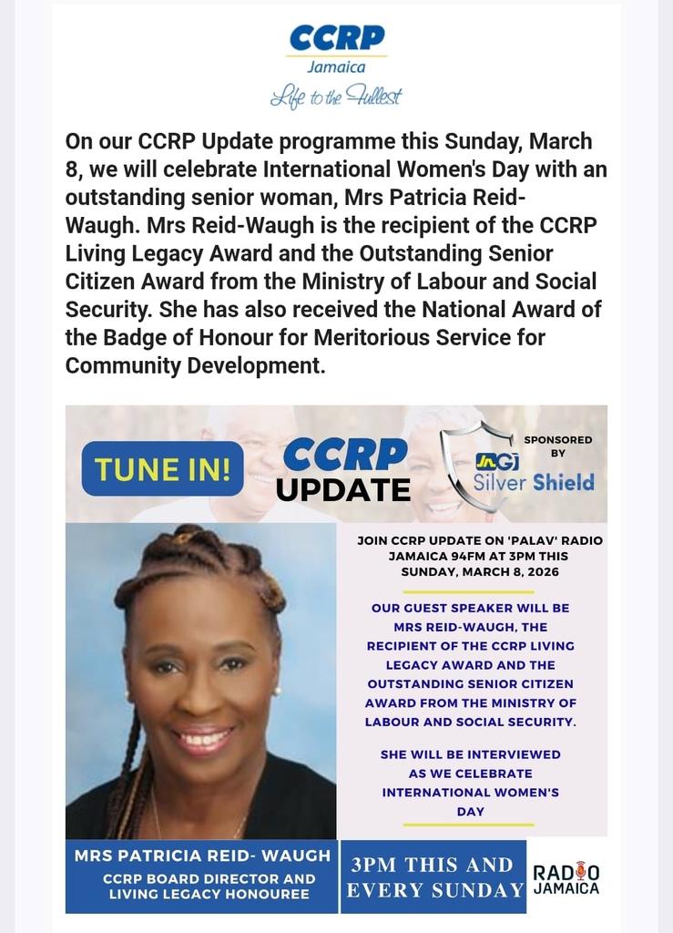 ccrpjamaica's tweet photo. CCRP's dynamic Board Director @preidwaugh will be our special Guest on CCRP Update for International Women's Day - tomorrow 8th March on RJR at 3pm with Gerry McDaniel. Thanks to sponsors @bcicjamaica ❤️ https://t.co/l9PDn5Y8QA
