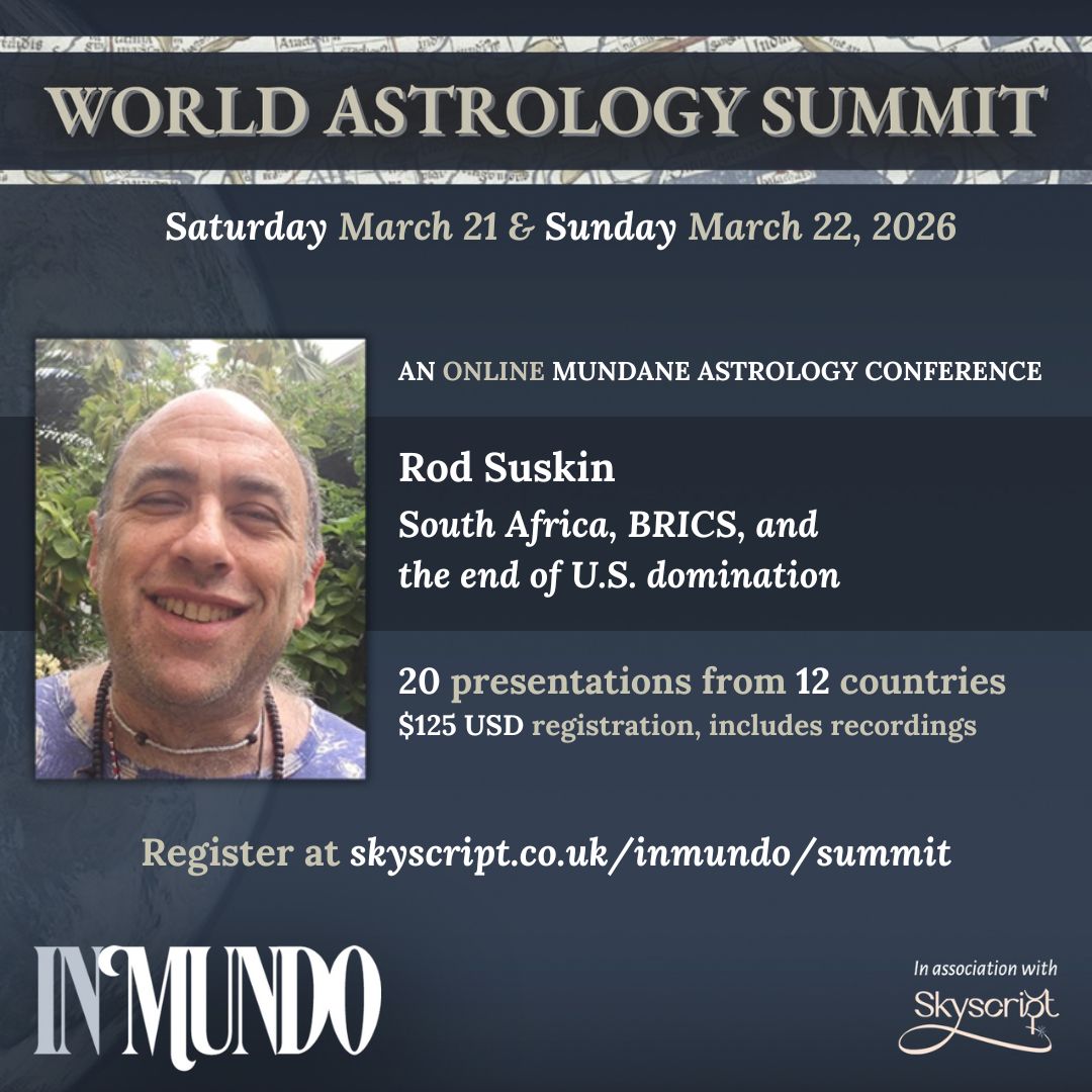 wadecaves's tweet photo. Rod Suskin presents "South Africa, BRICS, &amp; the end of U.S. domination" at the 4th World Astrology Summit – exploring whether South Africa's positioning between established trade ties and emerging geopolitical alignments reflects risk or strategy. https://t.co/TRgHnV9J4g