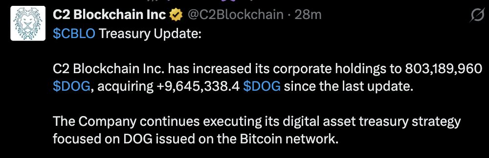 🚨JUST IN: <a href="/C2Blockchain/">C2 Blockchain Inc</a> just acquired 9,645,338.4 $DOG with a total strategic treasury holding of 803,189,960 $DOG.