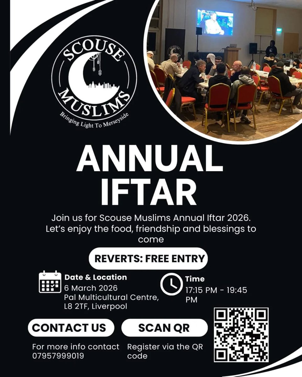 palcentre's tweet photo. 📷📷 Scouse Muslims Annual Iftar 2026 📷📷
 You are warmly invited to join us for our *Annual Iftar* — an evening of delicious food, a meaningful programme, and much-needed community vibes. 📷
 Open to *men* , *women* , and *families* . Tickets https://t.co/xfn2JVgYqW https://t.co/9cgdgK3mqO