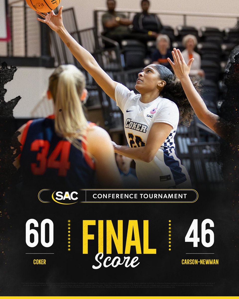SAC_Athletics's tweet photo. FIRST TIME IN HISTORY 🏆

Coker women's basketball claims its first SAC Tournament title in program history!  Kamari Thompson named Tournament MVP. https://t.co/mrqGSVtfr1