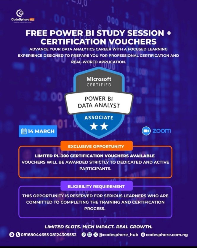 Hello #datafam, 

<a href="/CodesphereHub/">CodeSphere Hub</a> is hosting a free Power BI Study session that will help learners improve their skills and prepare them for the Microsoft PL-300 Certification Exam.

Here's the registration link:
forms.gle/mqu5vsZ8hEuPht…