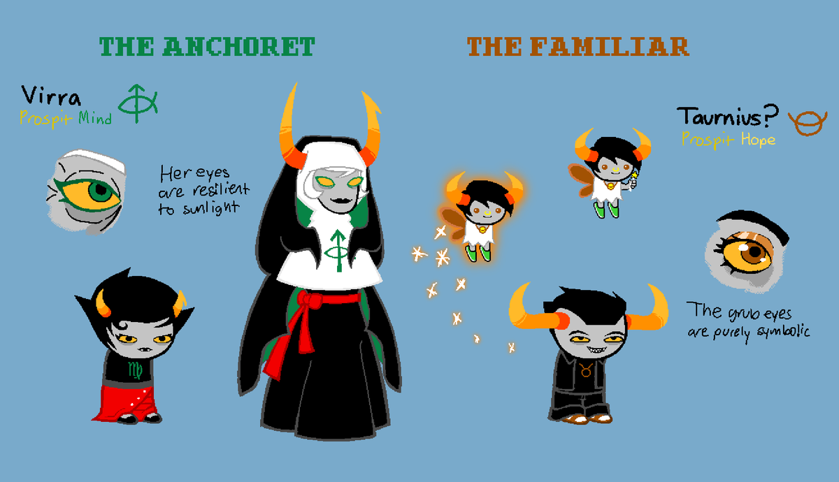 The last of the Lusus Trolls!!! Kanaya's mother is a nun-hermit, who is pondering the Ultimate Riddles of the universe after gaining knowledge from Doc Scratch. Tavros is being raised by a fairy, because fairies are REAL, just like MAGIC