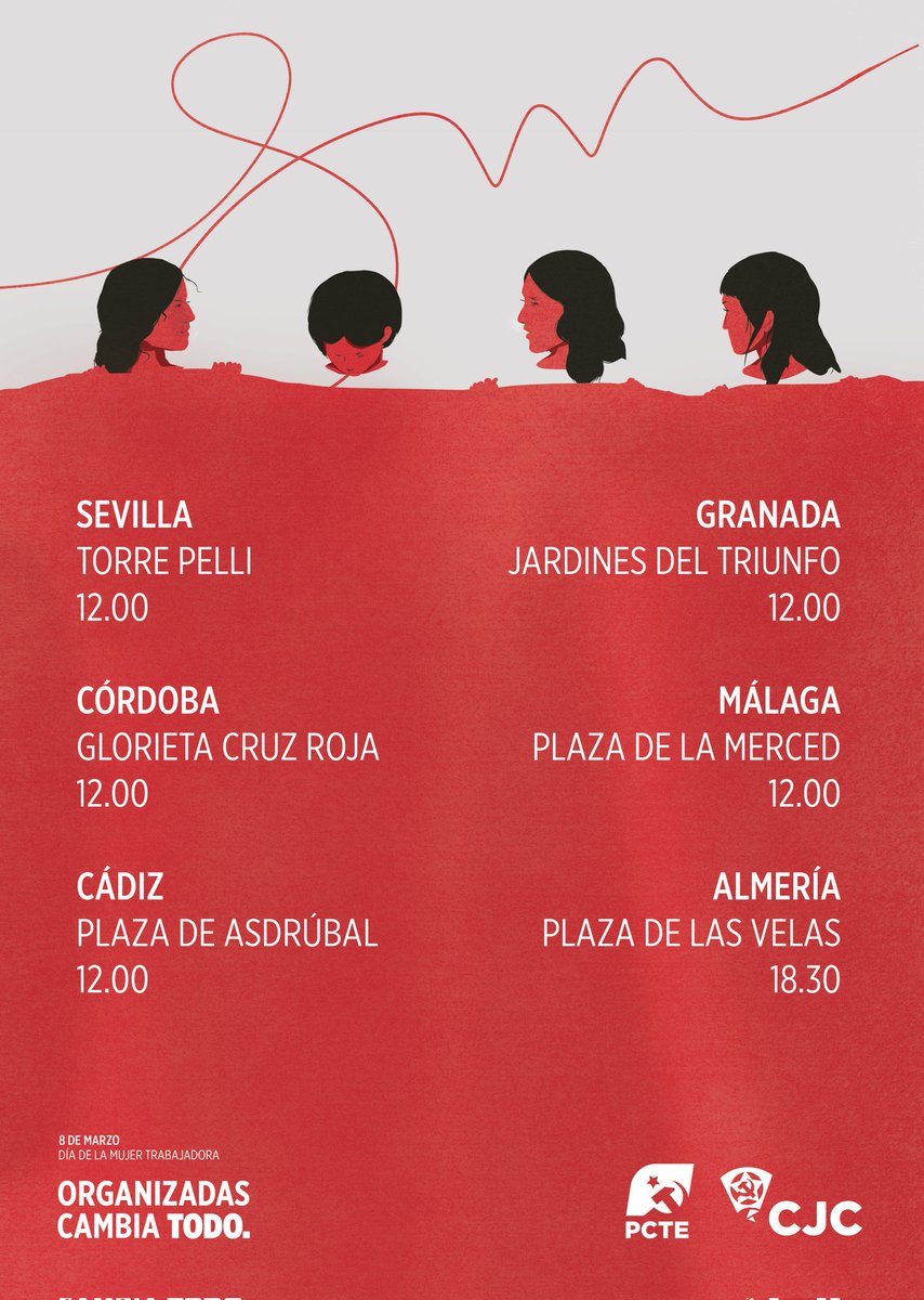 🔴Organizadas cambia todo. 🚩

🔴Este 8 de marzo volvamos a poner en el centro el carácter de clase del día internacional de la mujer trabajadora.

🔴Frente a la precariedad, la reacción y la guerraz organización lucha y unidad de clase.

🔴¡Acude a nuestras convocatorias!