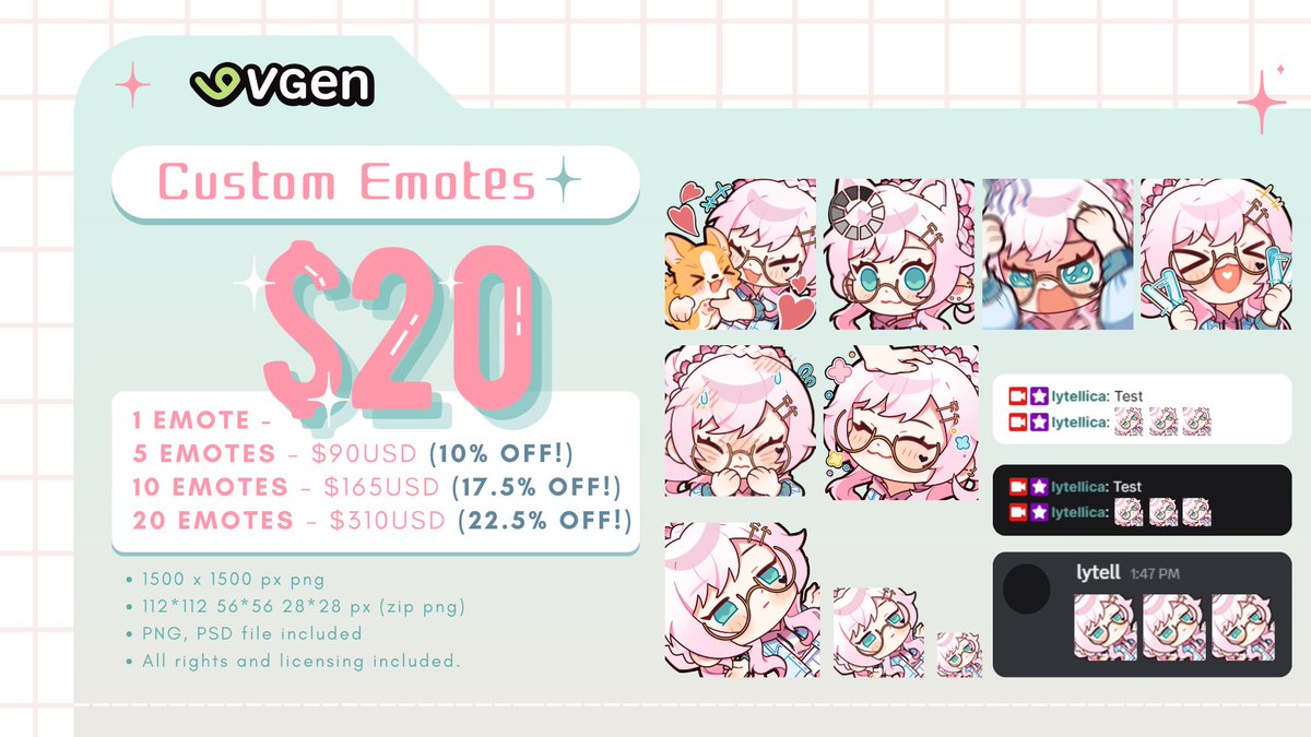 🩷EMOTE COMMISSIONS OPEN!🩷
✅3 slots for May (for now!)
1️⃣ 1 emote - $20
2️⃣ 5 emotes - $90 (~10% off)
3️⃣ 10 emotes - $165 (~17.5% off)
4️⃣ 20 emotes - $310 (~22.5% off)

🧵VGEN link in bio!
#TwitchEmotes #DiscordEmotes #CommissionOpen