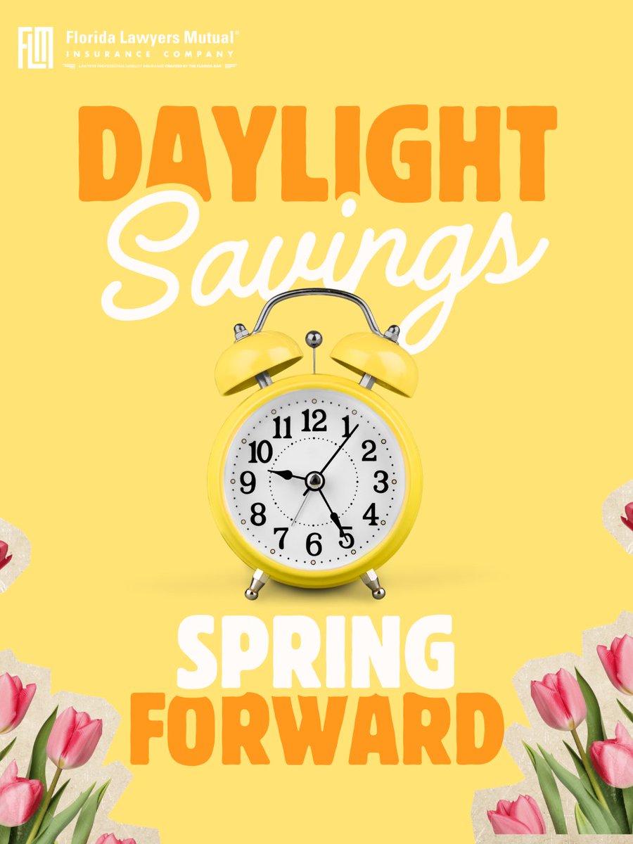 FLMIC's tweet photo. Spring forward! ⏰
Daylight Saving Time starts Sunday, March 8.
Remember to move your clocks ahead one hour before the week begins. https://t.co/grqwY3jY6w
