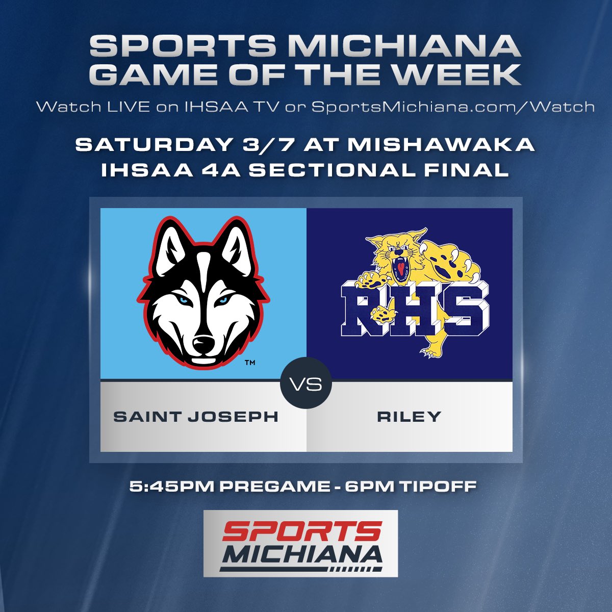 angdicarlo's tweet photo. HOW TO WATCH!

At 6pm, it’s #8 @SaintJoeSports (20-4) vs #13 @RileyWildcatsBB (21-4) for the 4A Sectional Title.

DIRECT LINK TO WATCH: https://t.co/BY8y9PEBmG

Or go to https://t.co/sWTHPLVQqQ!

Pregame coverage on the Sports Michiana Game of the Week starts at 5:45pm. https://t.co/fLKXysyFcl
