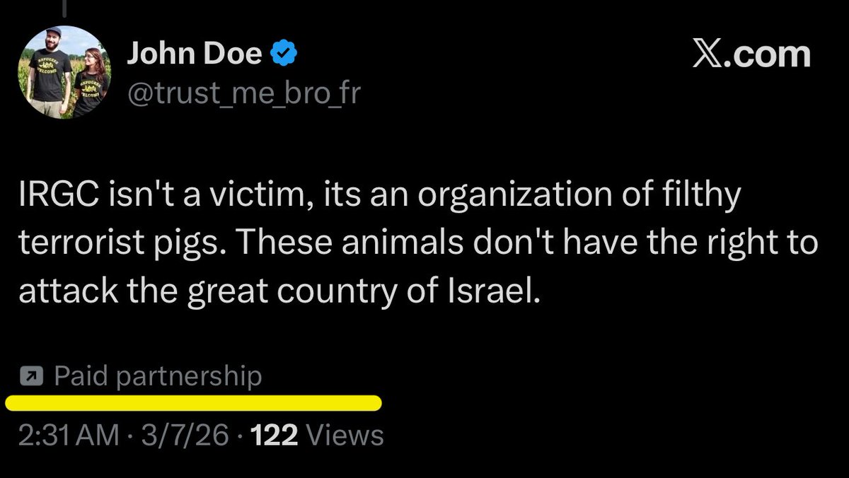 devonroar's tweet photo. @trust_me_bro_fr @PushDemsLeft Guys, I’m a-political, here is my pro-Israel tweet that I am paid to send out. I’m a-political and I think killing civilians is great. I’m a-political. https://t.co/WeqqkrdViq