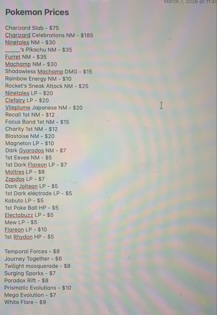 ScoobaCards's tweet image. Prices in last picture. 

Add $5 BMWT or $1 PWE

Just comped all out based on TCG, but feel free to send offers. 

Would look at trades for vintage team rocket or base set unlimited.