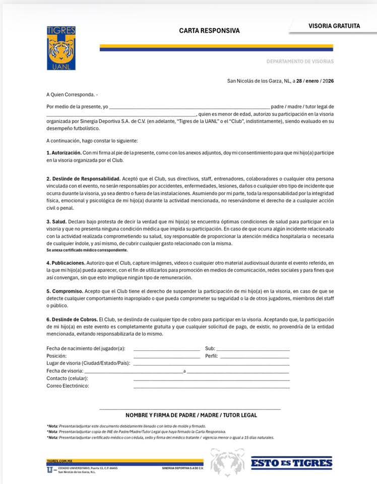 ✨ Visorias VARONIL FB 
🎽 Club Tigres 
🗓️ 16,17 y 18/Mar/26
🧍🏻 2010 al 2015
⌚ Checar Horarios en la Imagen 
🏟️ Canchas de Transito 
📝 Carta Responsiva 
🌆 Juárez, Nuevo León