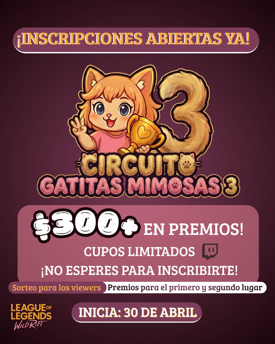 GMSTARS_GM's tweet photo. 🌸🐾 ¡Inscripciones abiertas YA! 🐾🌸 

Llega la 3ra edición del torneo femenino más tierno, feroz y competitivo: Circuito Gatitas Mimosas 3 😺🎮✨

🏆 $300+ en premios 
🗓️ Inicia: 30 de abril 
Inscríbete aquí: https://t.co/ALcTFe3oVc https://t.co/XvRpOhnjnV