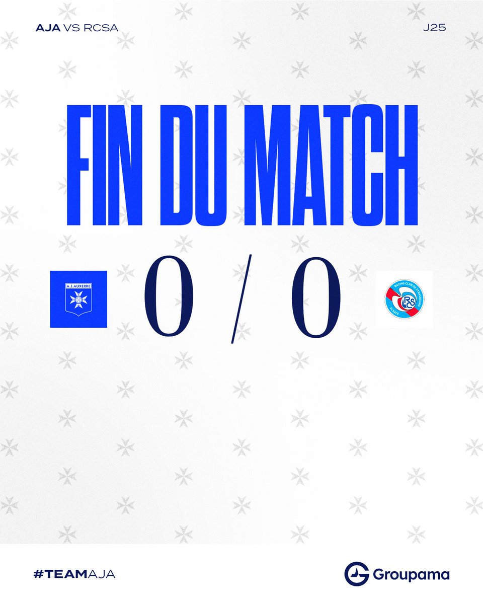 🔚 𝐅𝐢𝐧 𝐝𝐮 𝐦𝐚𝐭𝐜𝐡 🏟️ Audacieuse puis solide lorsque Strasbourg a poussé, l'AJA prend un point important dans la lutte pour le maintien. On continue ! ✊#TeamAJA #AJARCSA (0-0) pic.