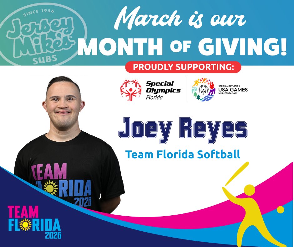 officialSOFL's tweet photo. Get your sub this month at Jersey Mike’s, and donate in-restaurant or on the app to SOFL to support athletes like Joey competing at the 2026 Special Olympics USA Games! 🥎

@jerseymikes @2026USAGames 
#jerseymikes #asubabove #softball #teamflorida https://t.co/3b549BECHg