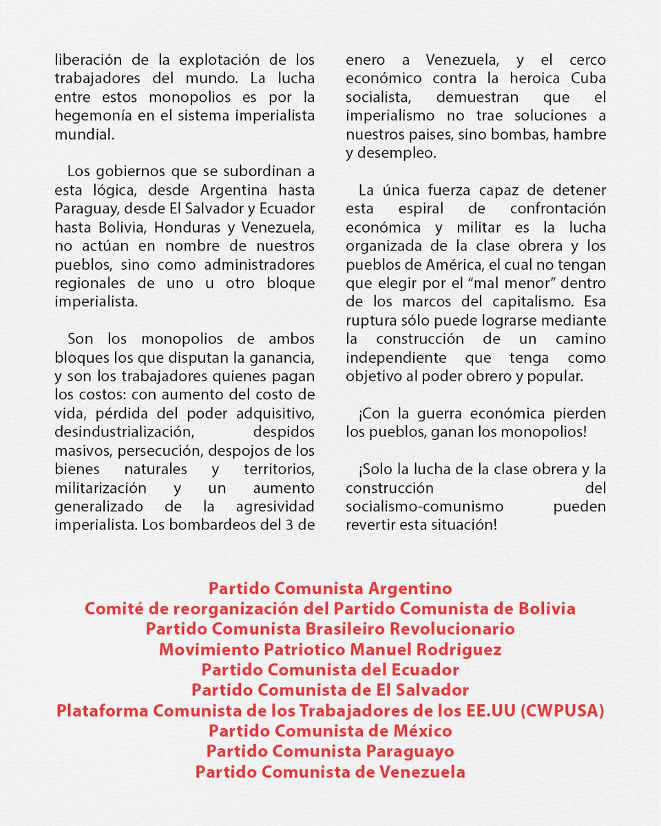 jcbbolivia's tweet photo. Declaración Conjunta de los Partidos Comunistas y Obreros de América sobre la Cumbre de Presidentes convocada por Donald Trump llamada “Cumbre Shield of the Americas” https://t.co/B9f0pIQOFq