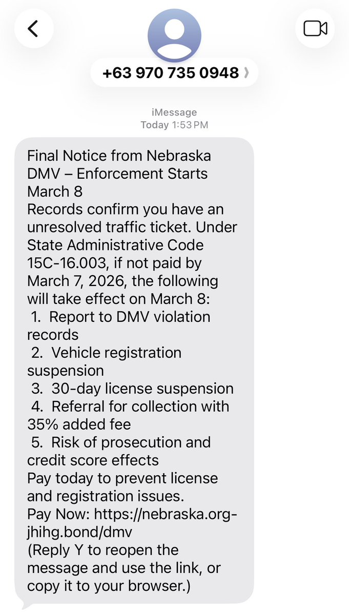 ‼️SCAM ALERT‼️
If you receive a text message like the one shown in this post, delete and report as spam.
The Nebraska Department of Motor Vehicles will not request payment by text message or phone call, and it will not contact you to solicit payment for unpaid traffic tickets.