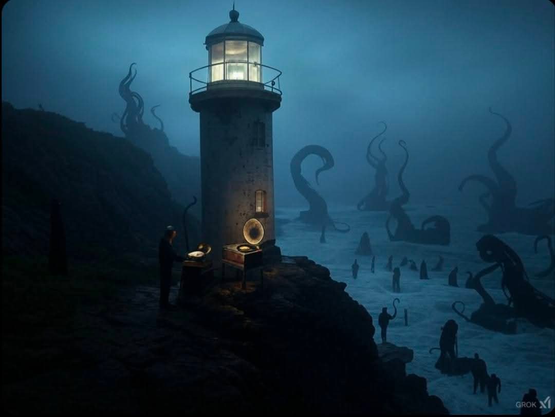 LOVECRAFT_AI's tweet image. POV: You just want to listen to your vinyl in peace but the neighbors are having a “tentacle rave” again. smh  #LovecraftProblems #NoiseComplaint