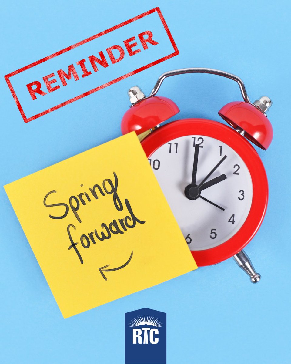 RTCSNV's tweet photo. 📢 Friendly Reminder! 📢
Daylight Saving Time begins this Sunday! ⏰ Don’t forget to set your clocks forward one hour before bed on Saturday night. Longer days are ahead! 🌞✨
#DaylightSavingTime #SpringForward #MoreSunlight https://t.co/XgzRwEI1Wp
