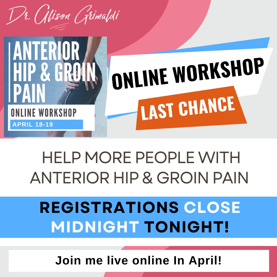 alisongrimaldi's tweet image. ⚠️ Last Chance! ⏰ Help more people with anterior hip &amp;amp; groin pain!
✅ Live online workshop in April
✅ Clinical strategies for better patient outcomes
⏳ Registrations close MIDNIGHT TONIGHT!
👉 dralisongrimaldi.com/event/online-h…
#HipPain #PhysioEd #OnlineWorkshop