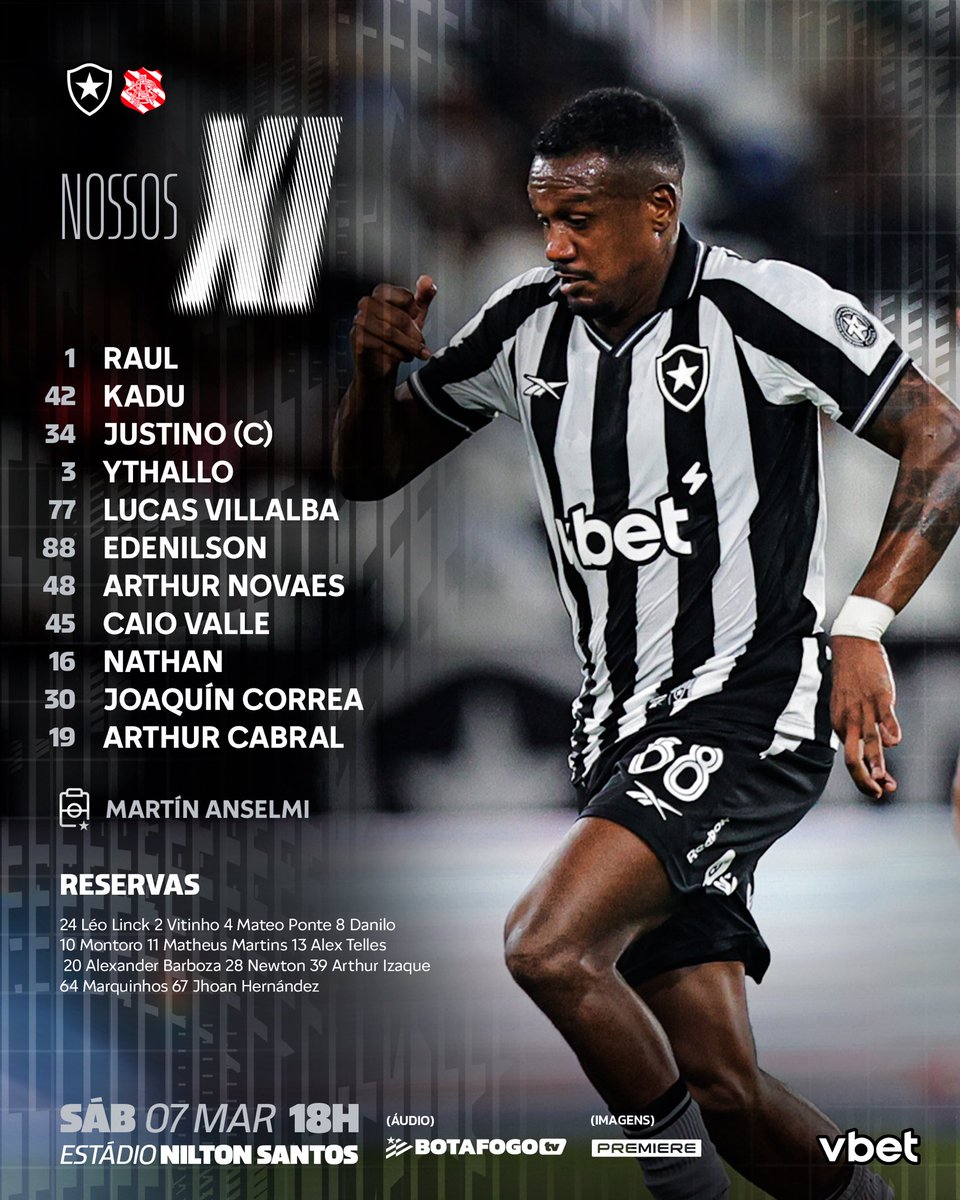 Glorioso escalado para o confronto deste sábado! 💪🏾🔥 #VamosBOTAFOGO 

Apresentado por <a href="/vbet_brasil/">VBET Brasil</a>