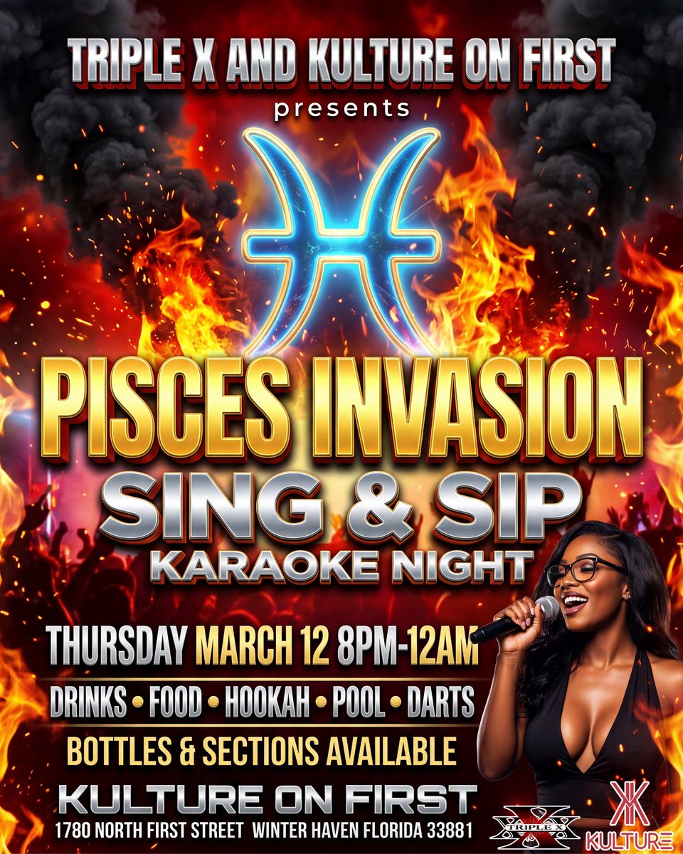 ALL MY PISCES ♓ CHECK IN!
THIS THURSDAY MARCH 12TH, WE DO IT FOR YALL!!! 
#PiscesIvansion #SingAndSip Karaoke Night
Kulture On First. Celebrate Your Birthday With Us!
BOOK Your Bottles &amp; Sections Now! 🗣️
#WeSupplyDopeVibes 🎶 🎤