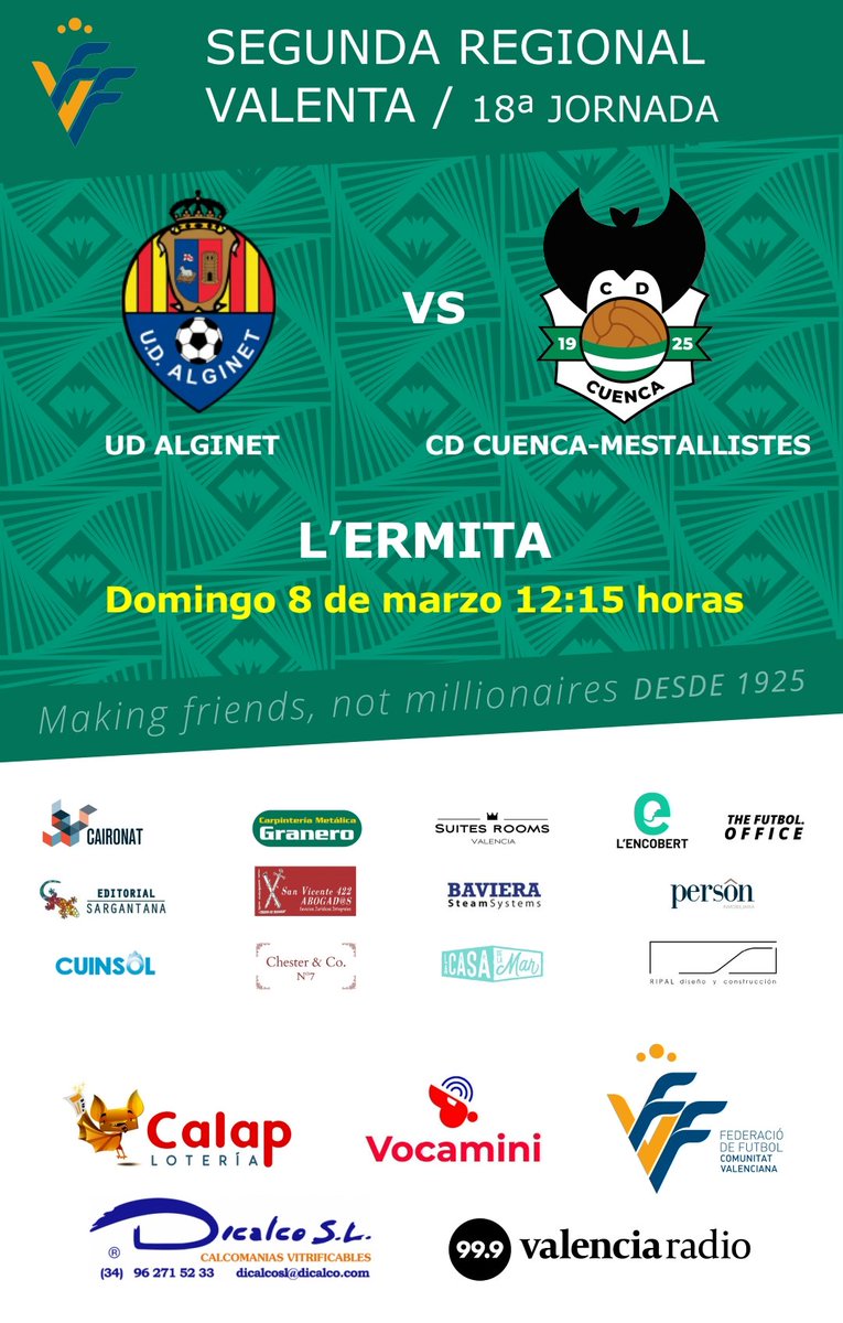👉 ¡Mañana celebramos el 8M con cita matinal con nuestro femenino!

⭐ Segunda Valenta Grupo 3
👉 UD Alginent 🆚️ CD Cuenca-Mestallistes 1925
📆 Domingo 8 de marzo
⌚ 12.15 horas
🏟 L'Ermita

#SomMestallistes100 ⚪💚🦇