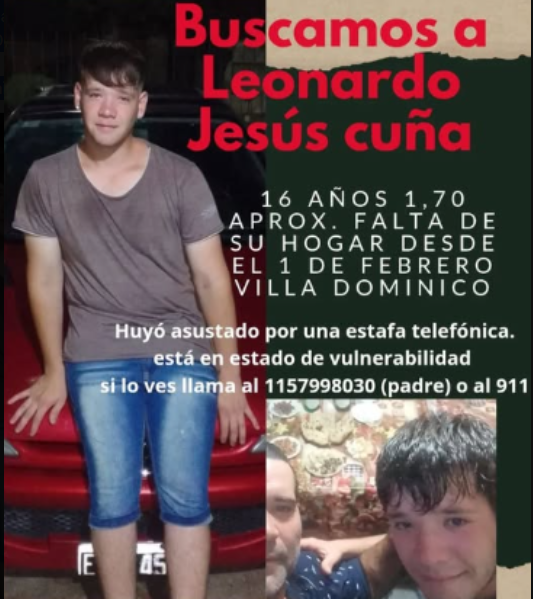 desaparecidaorg's tweet photo. Leonardo Jesús Cuña tiene 16 años, desapareció el 1/2/26 en Villa Domínico, Avellaneda, provincia de Buenos Aires. Estatura 1,70. Se hizo la denuncia. Por favor compartir y avisar #Urgente al papá ☎️11-57998030, o al 911

#VillaDominico #Avellaneda #BuenosAires https://t.co/T8LaJz6QAh
