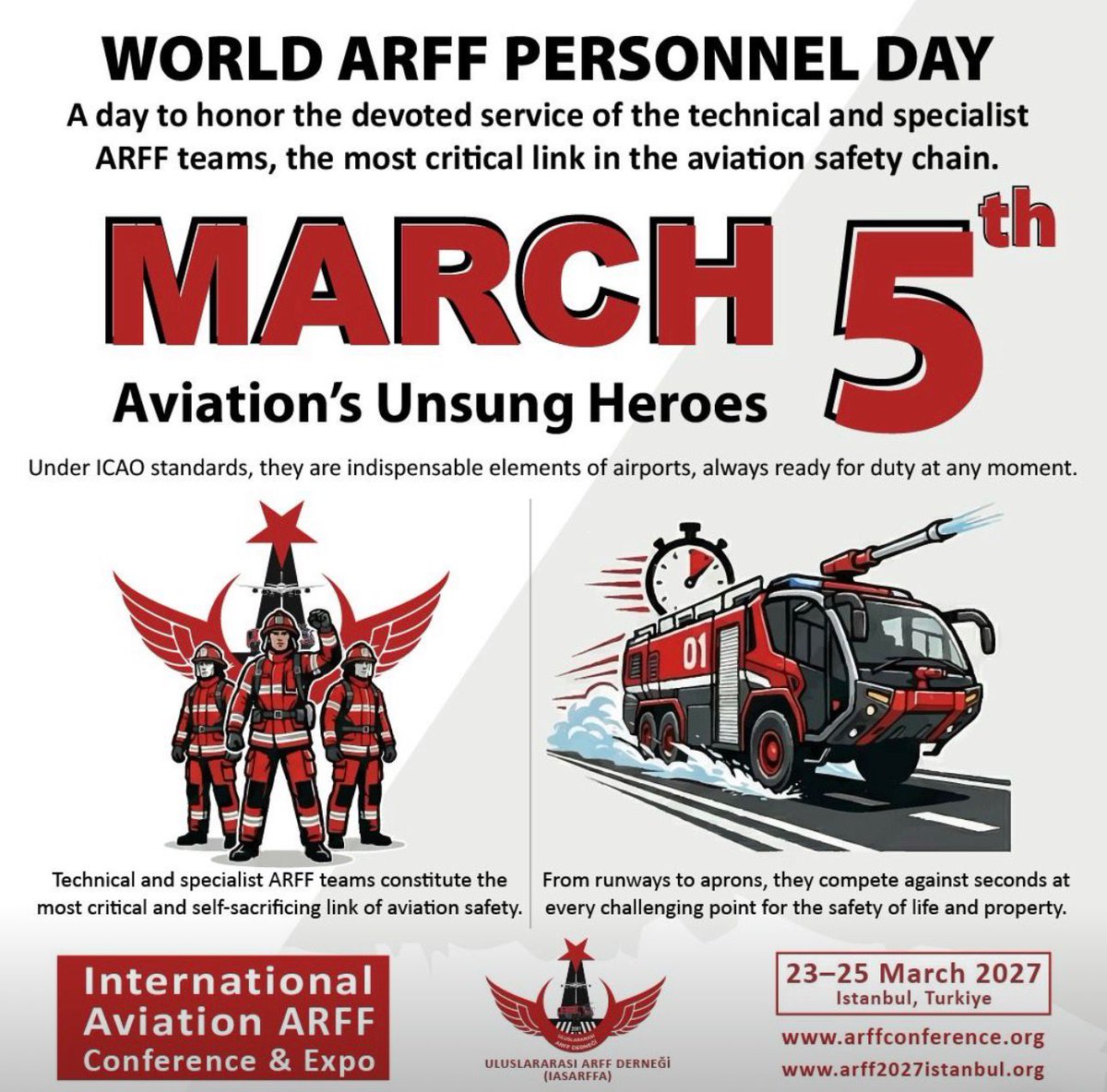ArffDernek's tweet photo. 5 MART DÜNYA ARFF ÇALIŞANLARI
GÜNÜ

Havacılık emnivet zincirinin en kritik halkalarından bir
olan ARFF (Havalimanı Kurtarma ve Yanainla Mücadele`
çalışanlarının özverili görevini hatırlamak ve görünür
kılmak amacıyla 5 Mart ülkemizde Dünya ARFF
Çalışanları Günü olarak anılmakta ve bu qünün kürese
ölçekte kutlanması için çalısmalar yürütülmektedir.

ARFF ekipleri; uçakların iniş ve kalkış yaptığı pistlerder
terminal sahalarına, apronlardan yakıt depolama
alanlarına ve zorlu arazi kosullarına kadar qenis bir
operasyon sahasında saniyelerle yarışarak görev
yapmaktadır

Uçak kazaları, yangınlar, tehlikeli madde olayları ve doğa
kaynaklı afetler gibi yüksek riskli durumlarda hızhı
müdahale, doğru karar ve güçlü ekip koordinasyonu ile
can ve mal emniyetini sağlamaktadırlar,

Uluslararası sivil havacılık otoritesi ICAO (Internationak
Civil Aviation Organization) tarafından belirlener
standartlar doğrultusunda yapılandırılan ARFF
teşkilatları; havalimanı kategorilerine göre belirlenen
araç, personel ve müdahale süreleri ile 7/24 kesintisiz
görev icra etmektedir. Bu yönüyle ARFF hizmeti
havacılık emniyetinin vazgeçilmez unsurlarından biridir

5 Mart Dünya ARFF Çalışanları Günü vesilesiyle
ülkemizde çeşitli etkinlikler düzenlenmekte; bu öneml
mesleğin görünürlüğü ve uluslararası düzeyde tanınması
için çalışmalar sürdürülmektedir

Dünvanın dört bir vanında fedakârca görev vapar
tüm ARFF çalısanlarına minnet ve sükranlarımızı
sunuyoruz.
