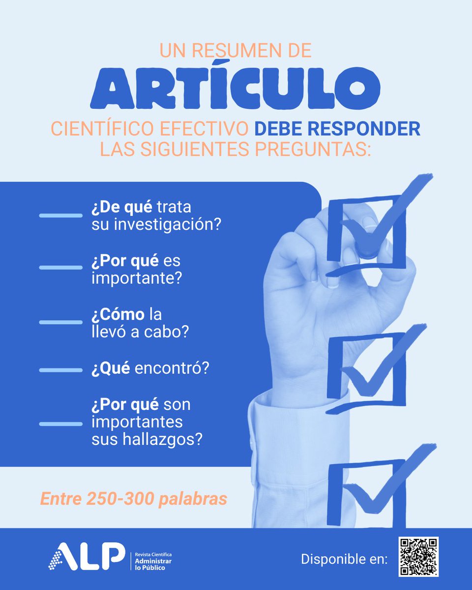 RevistaALP's tweet photo. ¿Cómo redactar un resumen efectivo? Un resumen (abstract) permite que la persona lectora comprenda rápidamente qué se hizo, cómo, qué se encontró y por qué es importante. Debe incluir contexto y problema, objetivo, método, resultados y conclusión. #EscrituraAcadémica @CICAPUCR https://t.co/DC0Auo2Msf