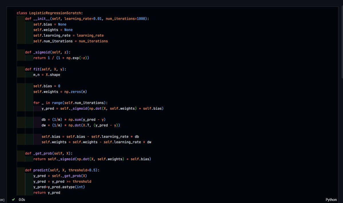 was_yug's tweet photo. Just coded Logistic Regression from scratch in Python — no sklearn, pure numpy 🧮
Sigmoid, Gradient Descent, weight updates — built every piece manually.
#ML #AI #DataScience #Coding #CodingJourney https://t.co/6TOW8ulnDN