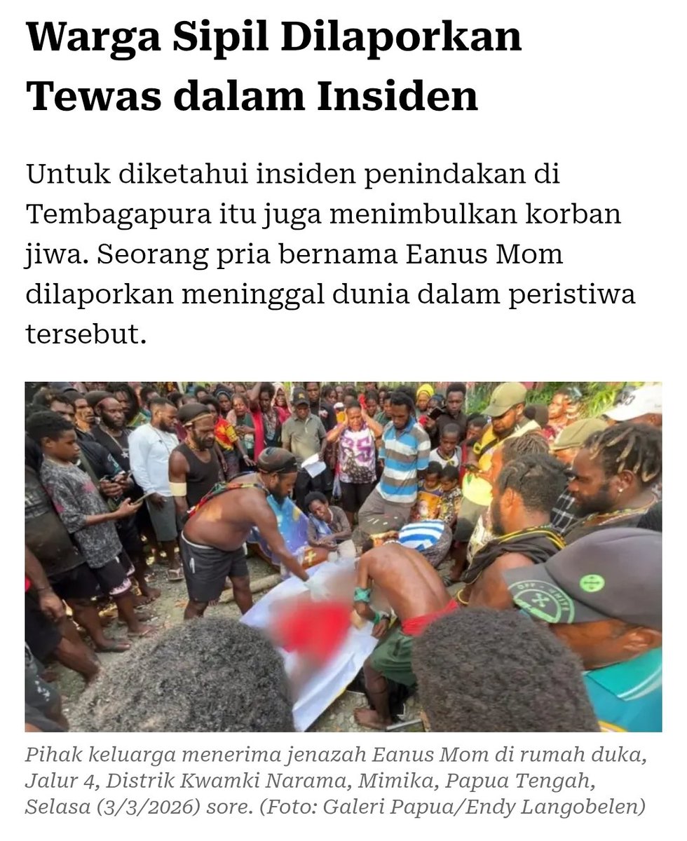 Mulalt_'s tweet photo. Eanus Mom di bunuh TNI di Timika Papua
_
Aparat Koops TNI Kodim Timika Tangkap 6 Orang Sipil  dengan Tuduhan kelompok bersenjata TPNPB-OPM  dalam peristiwa yang terjadi pada Senin (2/3/2026).

Keenam orang mengalami penyiksaan Satu orang Eanus Mom Meninggal dunia. https://t.co/RFpWHxGGVJ