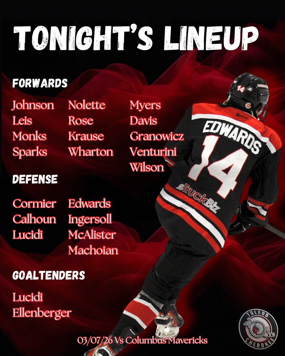 Toledo_Cherokee's tweet photo. Tonight’s lineup.
Same mission: handle business. 🔥🏒❌
#ROLLTRIBE #SAPPYSTRONG #REDEMPTIONTOUR #SMELLYAINTYOWN https://t.co/yjeljDksnI
