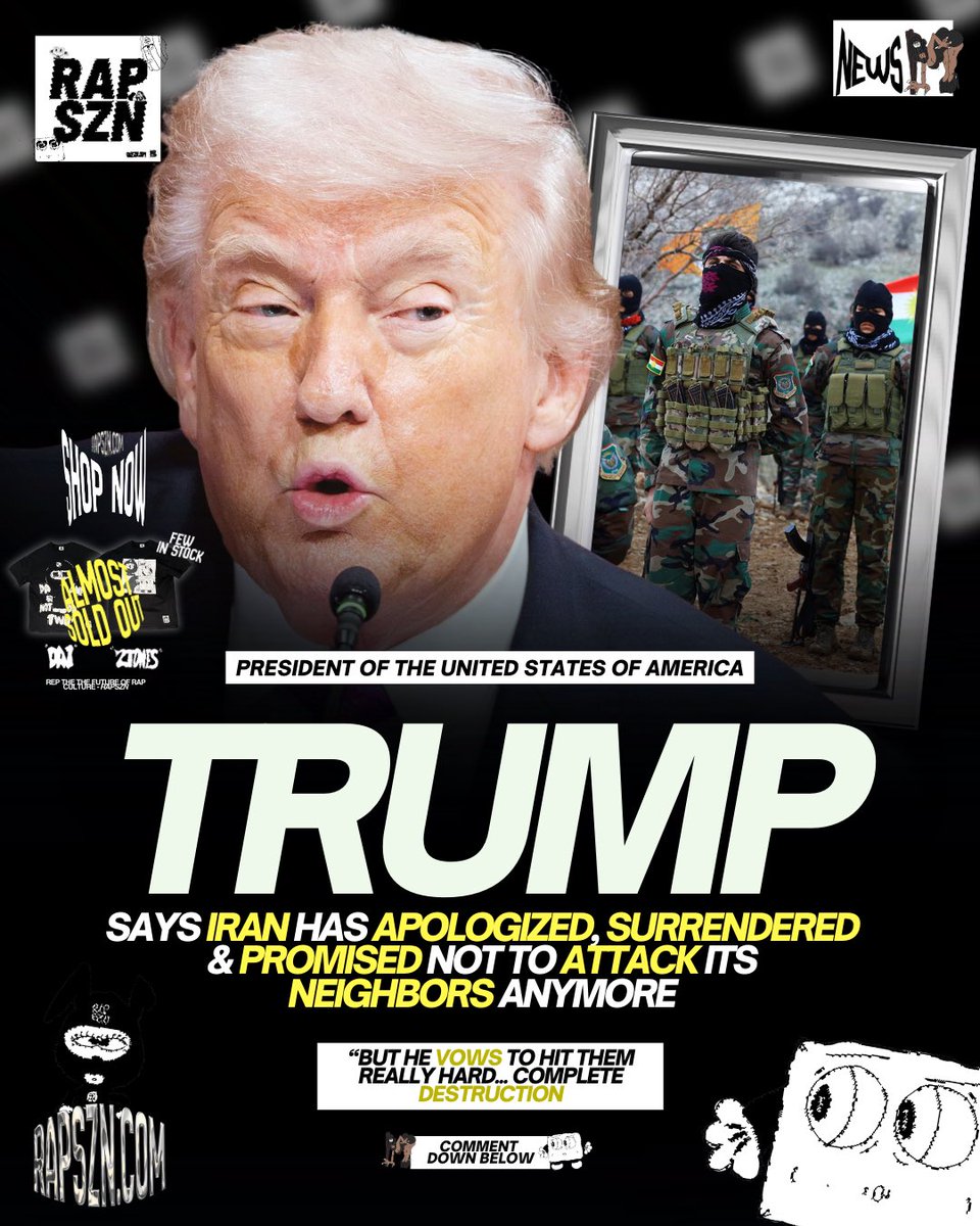 rapszntv's tweet photo. #trump says Iran is being beat to HELL &amp; apologizing for attacking there neighbors 👀 thoughts?? (Via: Truth Social)

#itzrapszn 🖤 https://t.co/JUGn1IfImL