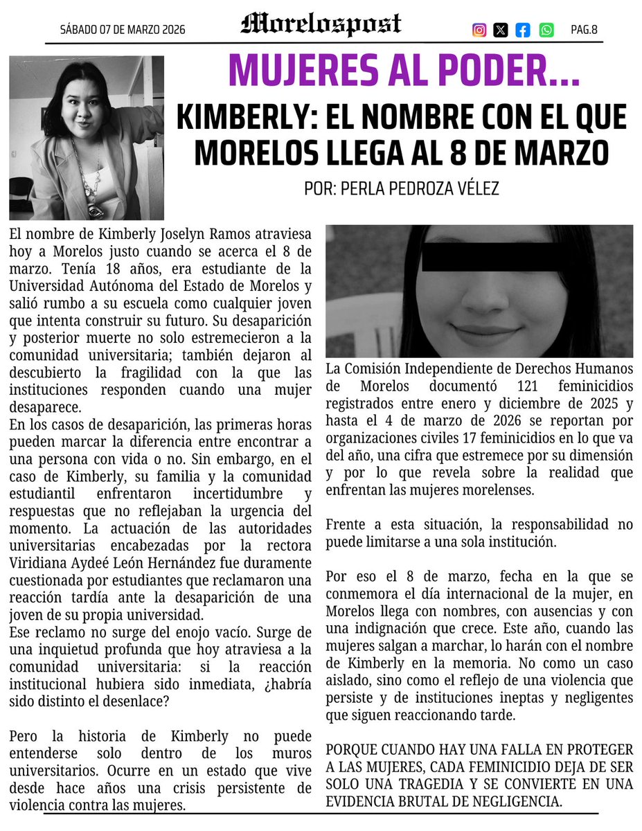 Les comparto mi columna de esta semana con el corazón roto y lleno de rabia, porque el <a href="/GobiernoMorelos/">Gobierno de Morelos</a> es negligente e inepto y está permitiendo que nos arrebaten a nuestras jovenas.

#JusticiaParaKimberlyYKarol