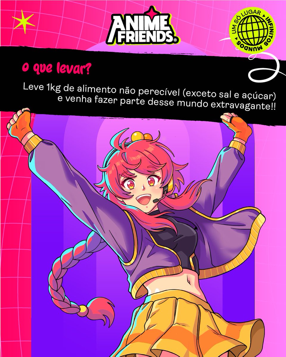 Atravessar o portal também pode ser um gesto de solidariedade.

Com o Ingresso Individual Solidário, qualquer pessoa pode garantir cerca de 40% de desconto para viver o Anime Friends. Basta levar 1 kg de alimento não perecível (exceto sal e açúcar) no dia do evento.

Os alimentos