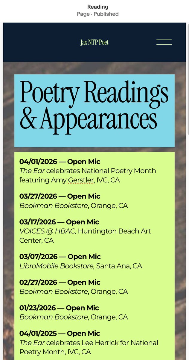 JaxNTP's tweet image. #OpenMic reading schedule: I will be reading from my forthcoming book IN BONES &amp;amp; TENTACLES. Excited to see you there! jaxntp.com #poetry #poetryreading #poetrycommunity #poetsandwriters #bookman #libromobile #publication #jaxntp #inbonesandtentacles