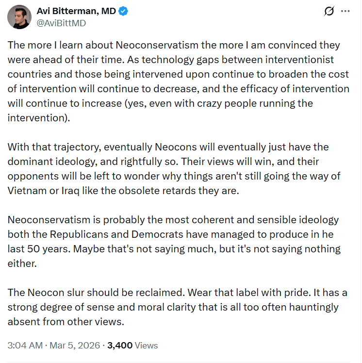 It's kind of amusing to see this dude - an ex liberal trans rights advocate who completely changed his worldview over the last couple years - convince himself that a wholly provincial concern for Israel doesn't drive his entire politics, and instead pretend there is some kind of