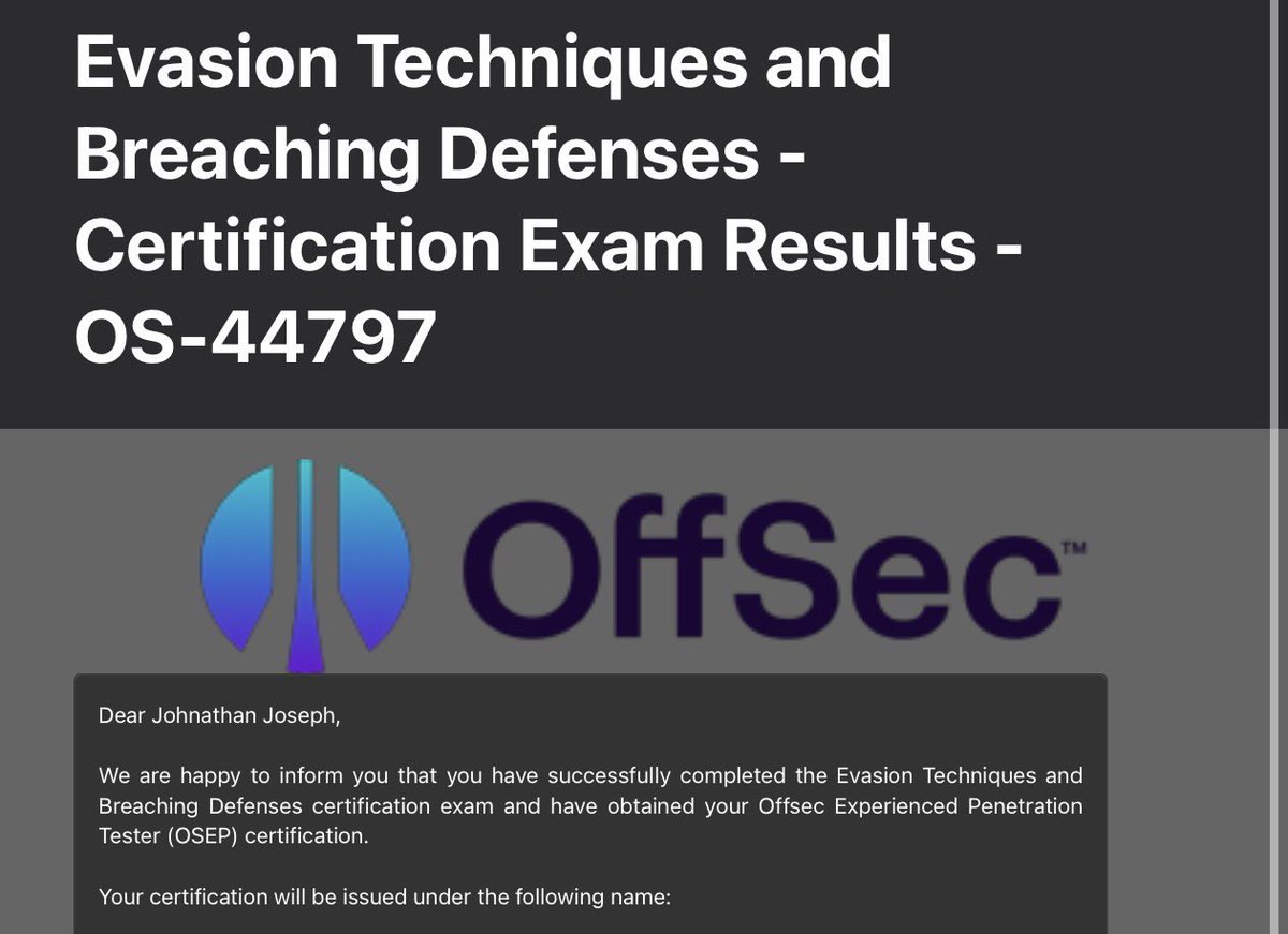 Well that was quick! Got the email this morning from <a href="/offsectraining/">OffSec</a> that I passed my OSEP 😁